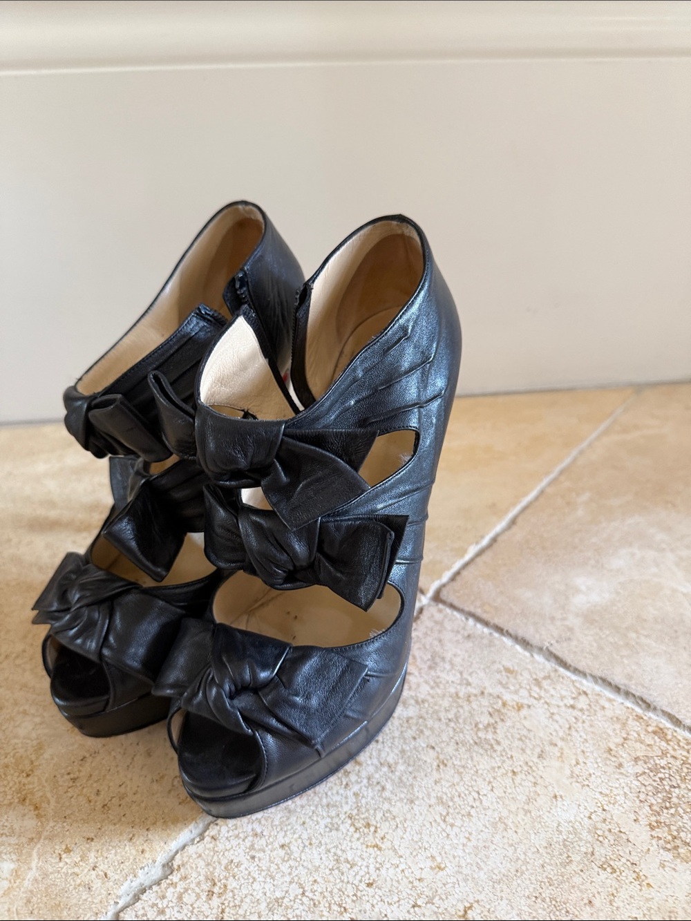 Christian Louboutin Black Leather Peep-Toe Bow Platform Heels - Picture 6 of 8